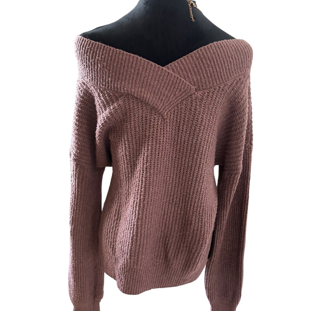 Pink Rose Mauve Off The Shoulder Knit Crossover V-Neck Sweater Long Sleeve - Picture 2 of 5